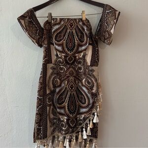 Blithe LA Tassel Fringe Boho Paisley Off shoulders Mini Dress – Medium